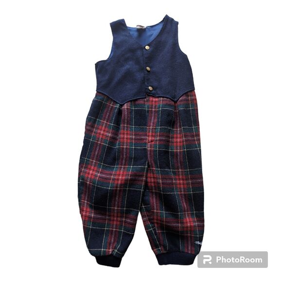 Vintage Muffling Holiday Plaid ROMPER 3T Blue & Red Toddler One Piece - Picture 1 of 11